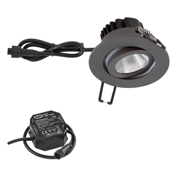 EVN Power-LED Leuchte inkl.Netzgerät anthrazit schwenkbar rund 83x48,5mm 6W 4000K 683lm 21-40° 220-240V IP65