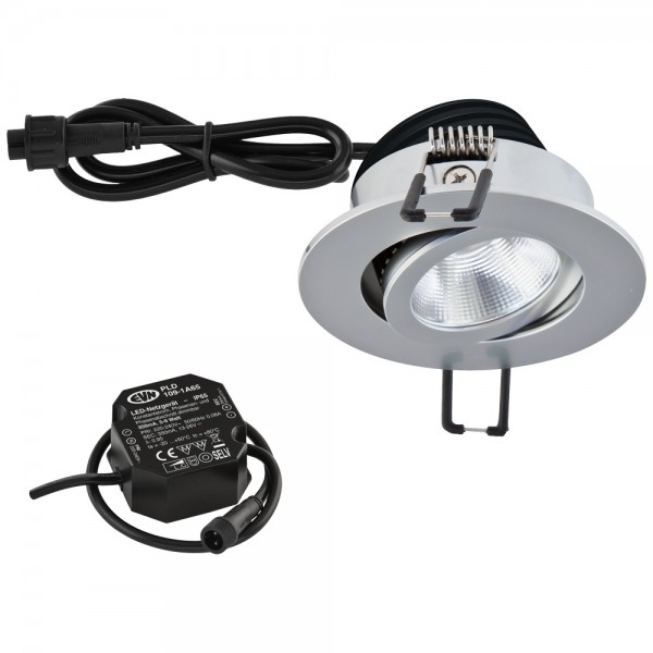 EVN Power-LED Leuchte inkl.Netzgerät Chrom matt schwenkbar rund 83x48,5mm 8,4W 4000K 1060lm 21-40° 220-240V IP65