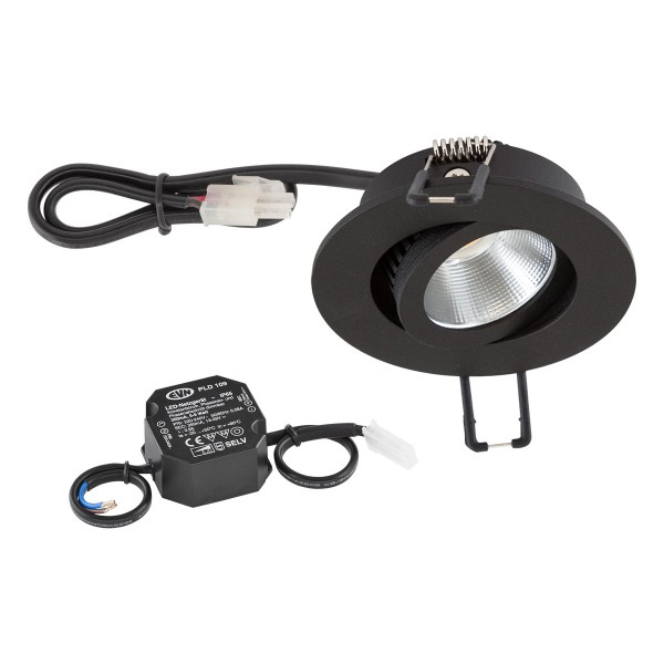 EVN Power-LED Leuchte inkl.Netzgerät schwarz schwenkbar rund 83x32mm 6W 3000K 620lm 21-40° 220-240V IP20