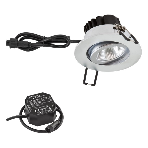 EVN Power-LED Leuchte inkl.Netzgerät Chrom matt schwenkbar rund 83x48,5mm 8,4W 3000K 1010lm 21-40° 220-240V IP65