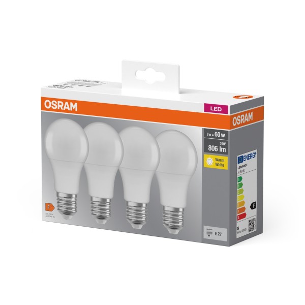 Osram LED Base Retro Classic A 8,5-60W/827 E27 matt 180° 806lm warmweiß - 4er Pack