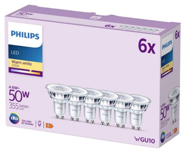 Philips LED Spot PAR16 4.6-50W 827 warmweiß 355lm GU10 klar 36° 6er Pack 220-240V