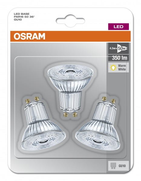 Osram / Ledvance Base PAR16 LED 4.3-50W 827 warmweiß 350lm GU10 3er Pack 220V