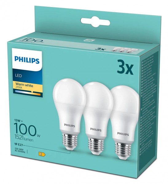 Philips LEDbulb A65 13-100W 827 warmweiß 1521lm E27 matt 150° 3er Pack 220-240V