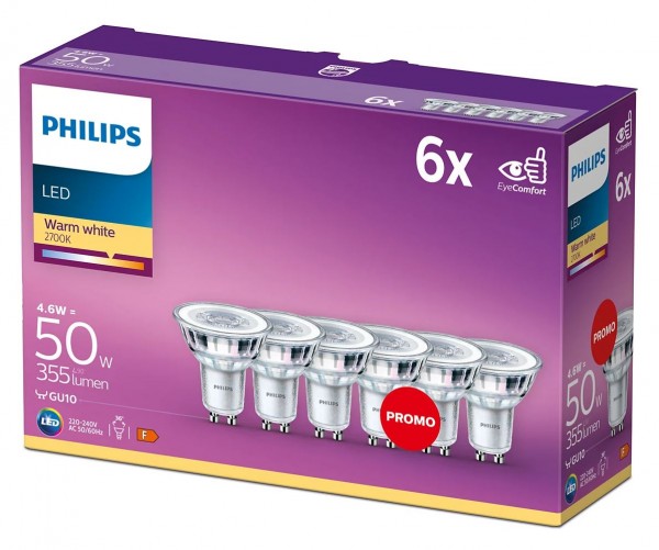 Philips LED Spot PAR16 EyeComfort 4.6-50W 827 warmweiß 355lm GU10 klar 36° 6er Pack 220-240V