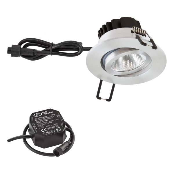 EVN Power-LED Leuchte inkl.Netzgerät Edelstahl gebürstet schwenkbar rund 83x48,5mm 6W 3000K 620lm 21-40° 220-240V IP65