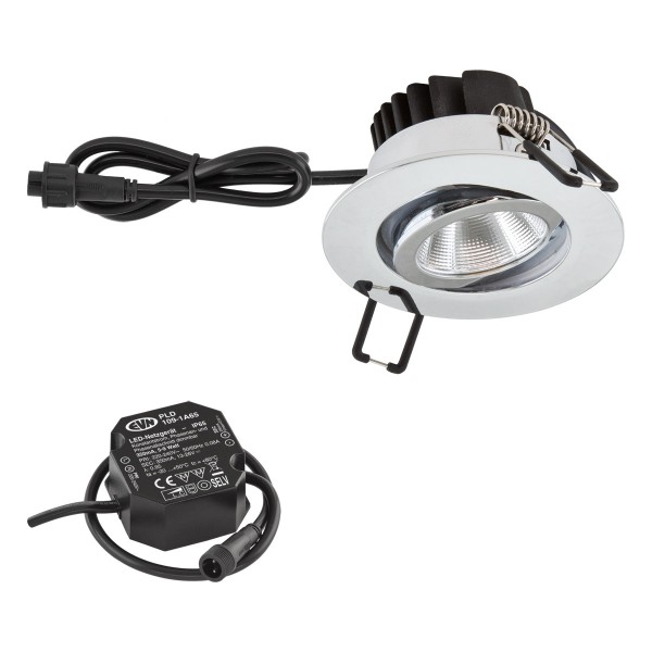 EVN Power-LED Leuchte inkl.Netzgerät Chrom schwenkbar rund 83x48,5mm 8,4W 3000K 1010lm 21-40° 220-240V IP65