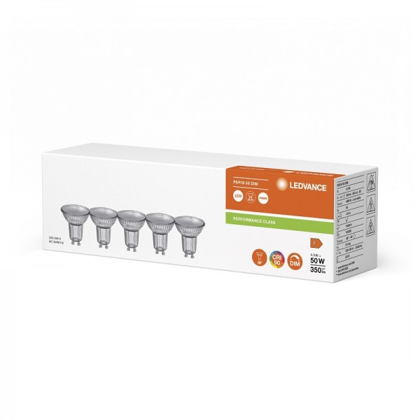 Osram / Ledvance LED Reflektor PAR16 36° Performance 4,5-50W/940 kaltweiß 350lm GU10 220-240V dimmbar 5er