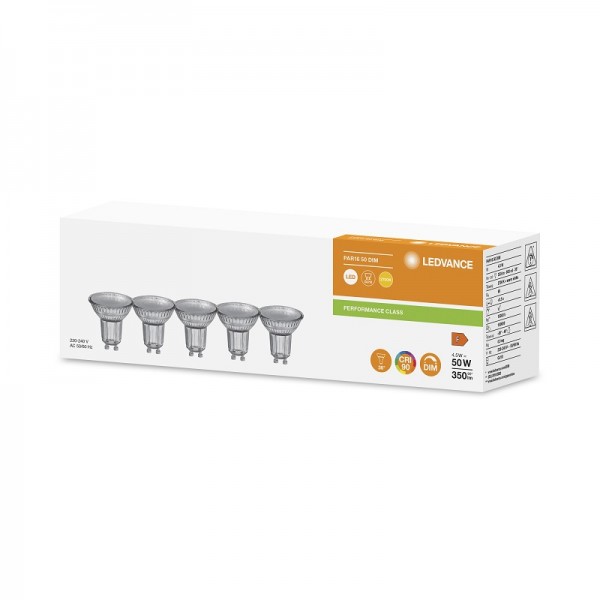 Osram / Ledvance LED Reflektor PAR16 36° Performance 4,5-50W/927 warmweiß 350lm GU10 220-240V dimmbar 5er