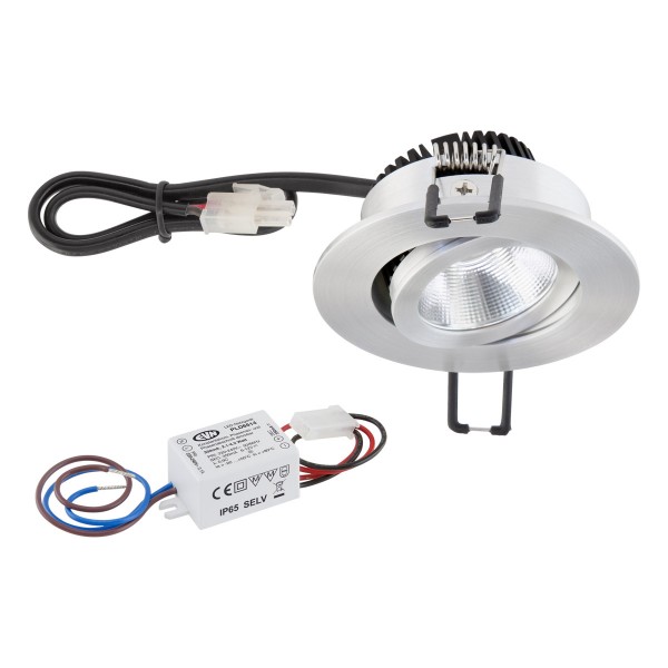 EVN Power-LED Leuchte inkl.Netzgerät Aluminium poliert schwenkbar rund 83x35mm 3W 2700K 280lm 21-40° 220-240V IP20