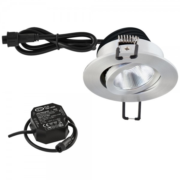 EVN Power-LED Leuchte inkl.Netzgerät Aluminium poliert schwenkbar rund 83x48,5mm 8,4W 4000K 1060lm 21-40° 220-240V IP65